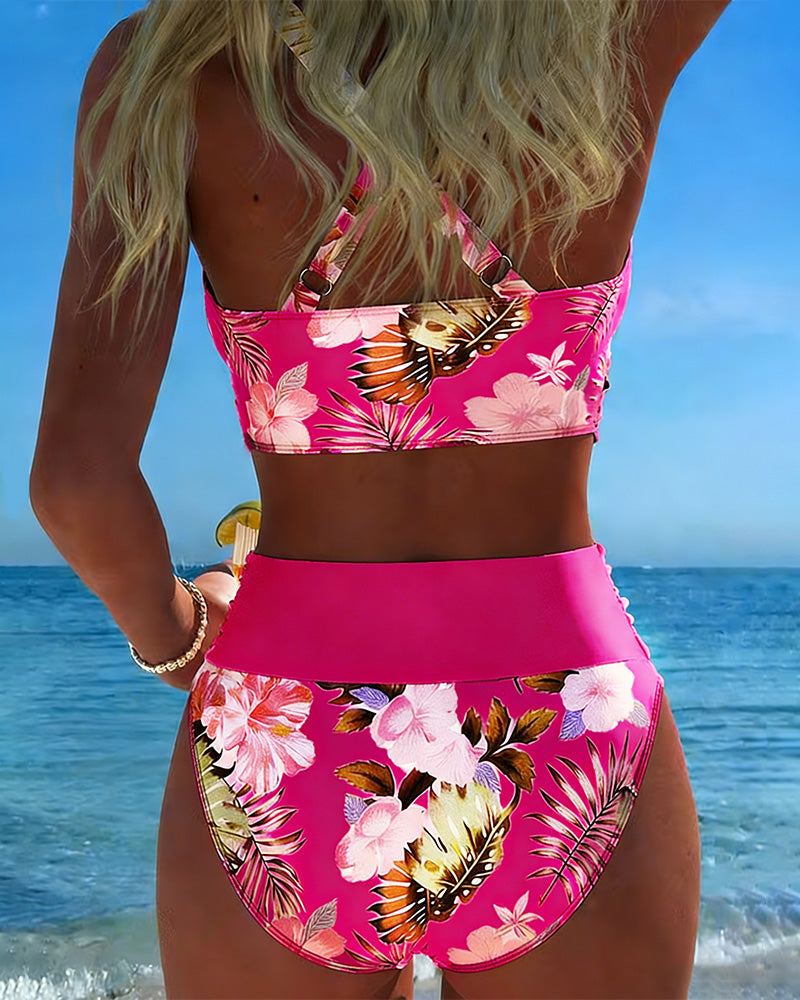 Bikini floral con abertura en el top para mujer