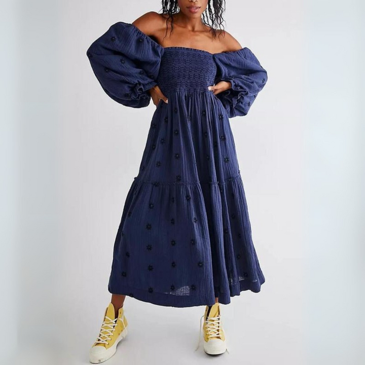 MOIRA™ - Cozy Floral Lantern Sleeve Maxi Dress with Square Neck