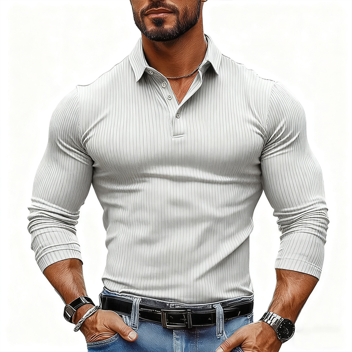 Men's Long-Sleeved Striped Textured Polo Shirt with Elastic - MTA1139J2X