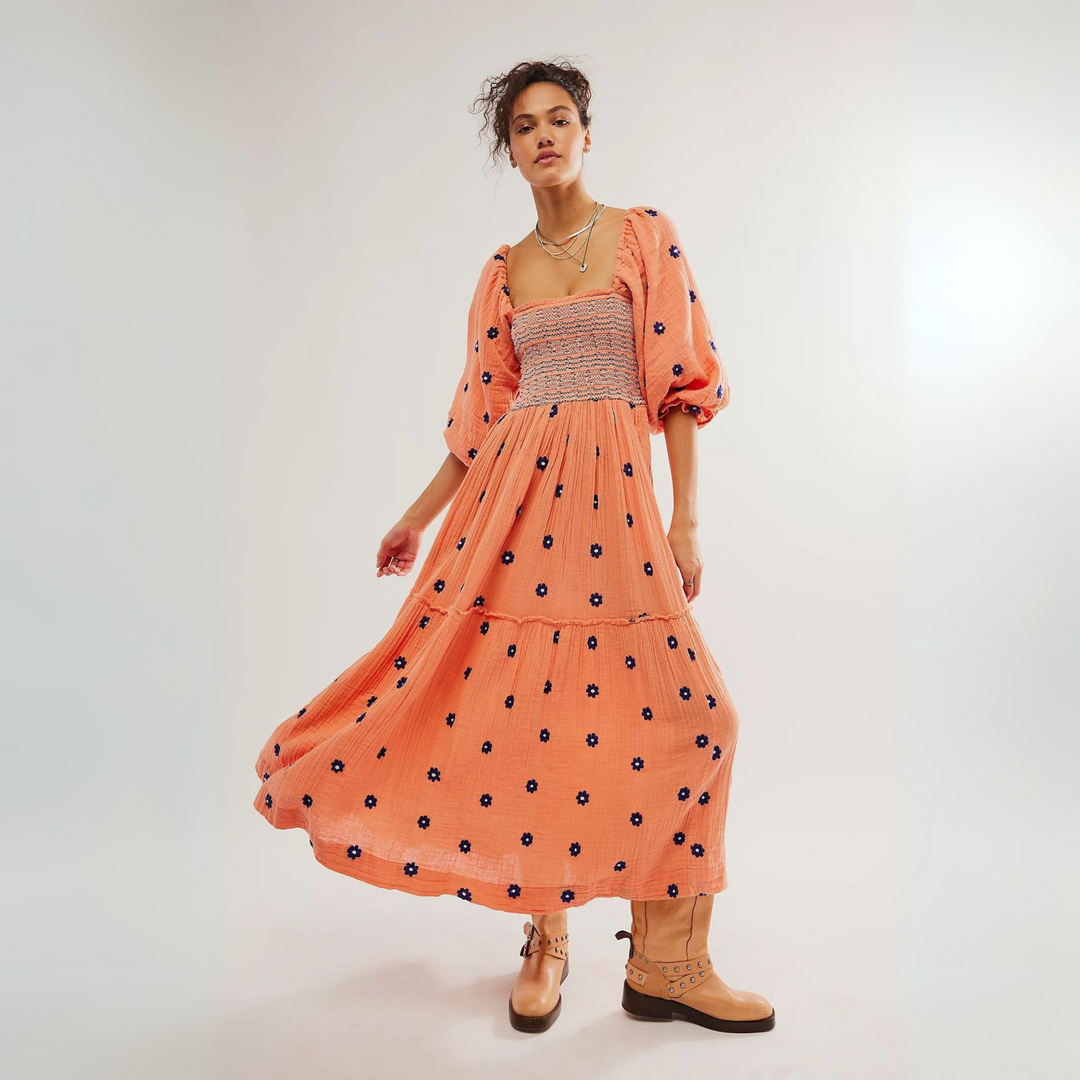 MOIRA™ - Cozy Floral Lantern Sleeve Maxi Dress with Square Neck