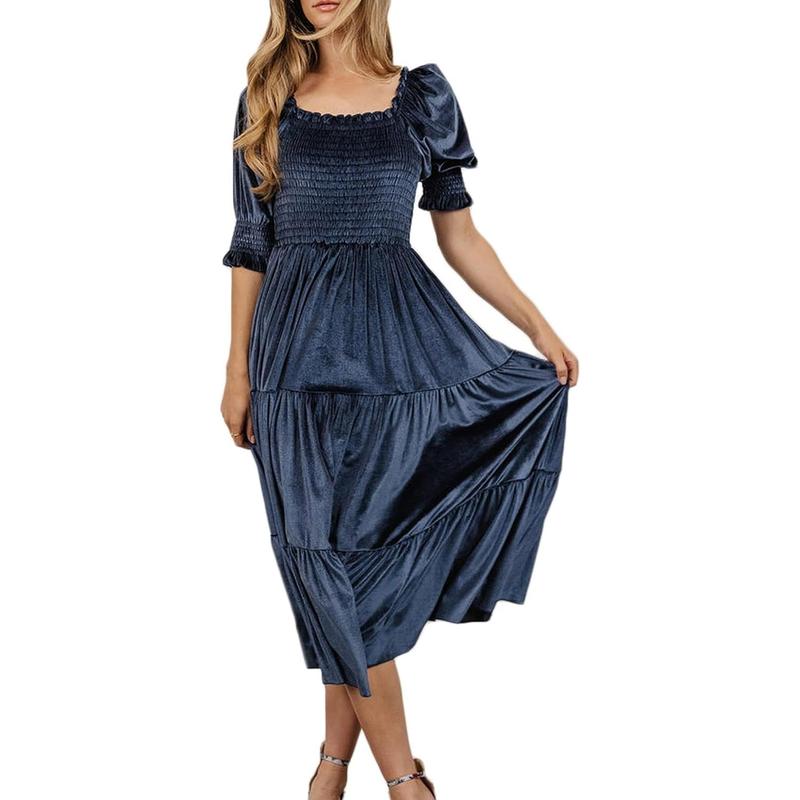 AUDREY™ - Versatile A-Line Midi Dress with Square Neck and Puff Sleeves
