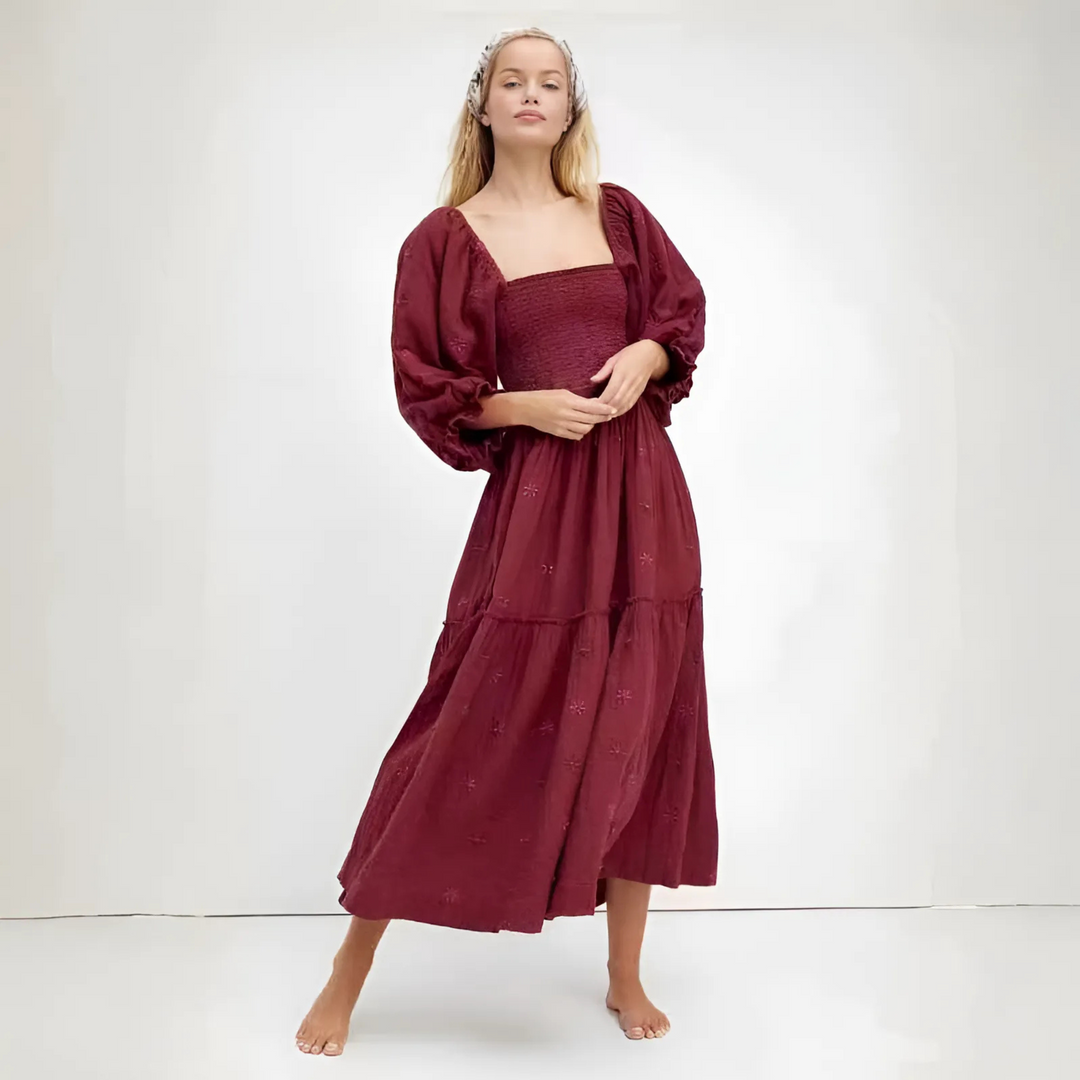 MOIRA™ - Cozy Floral Lantern Sleeve Maxi Dress with Square Neck