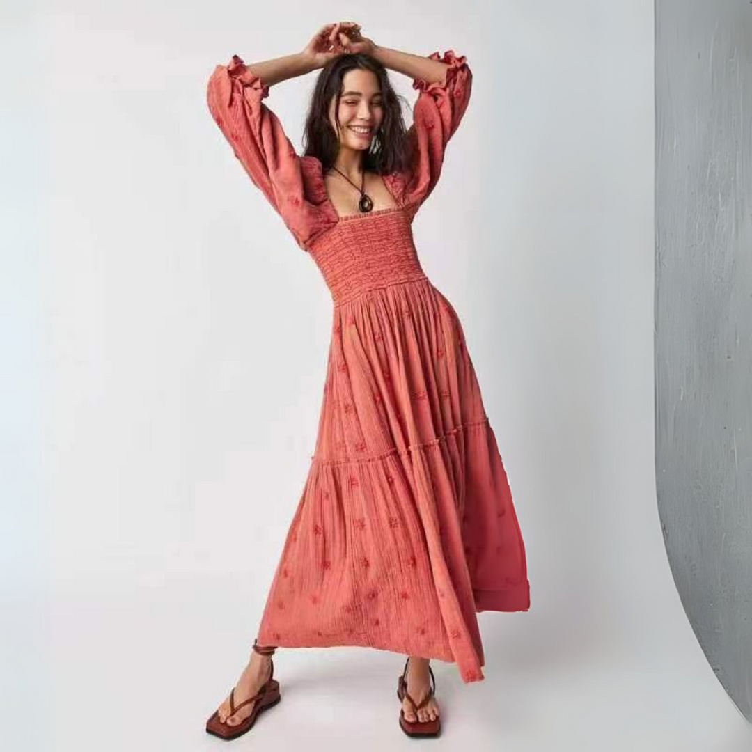 MOIRA™ - Cozy Floral Lantern Sleeve Maxi Dress with Square Neck