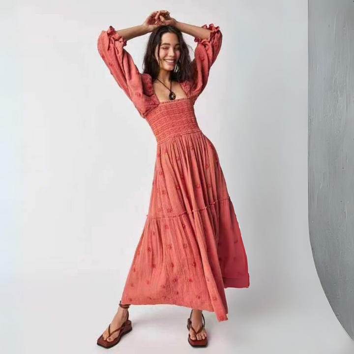 MOIRA™ - Cozy Floral Lantern Sleeve Maxi Dress with Square Neck