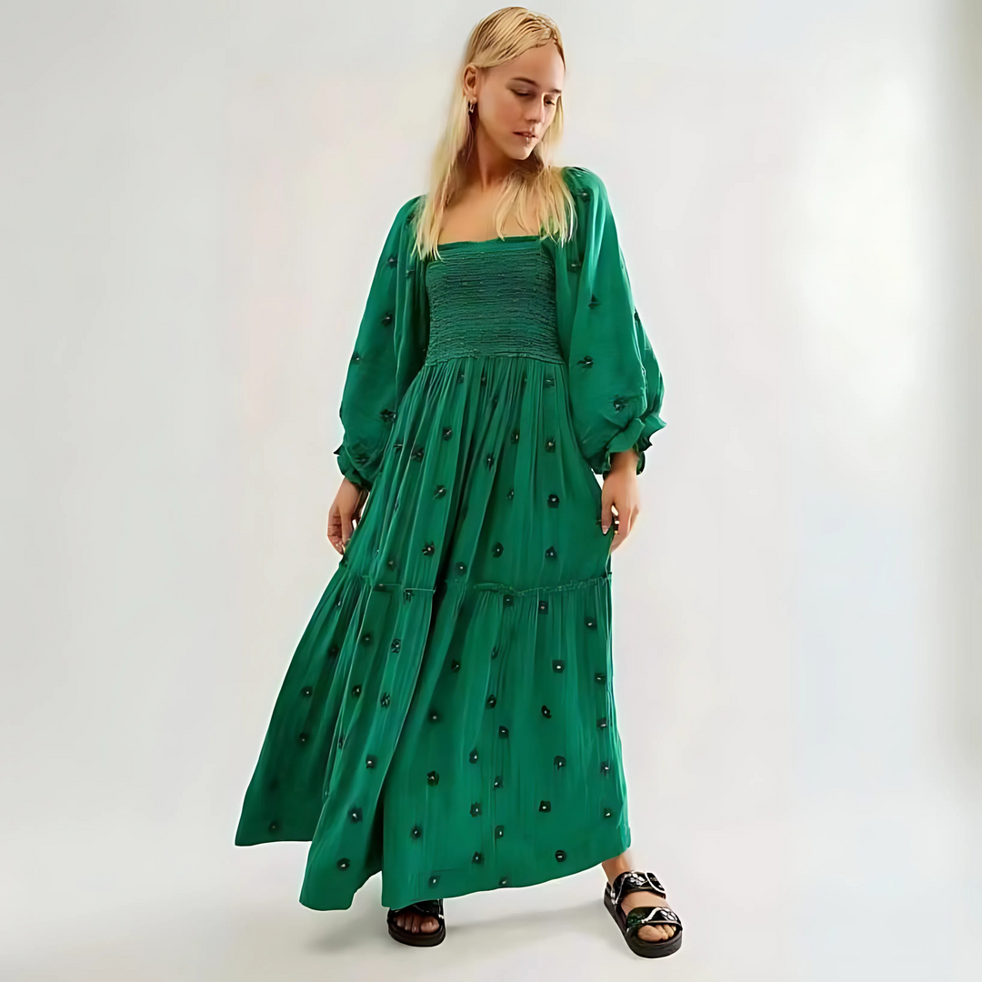 MOIRA™ - Cozy Floral Lantern Sleeve Maxi Dress with Square Neck