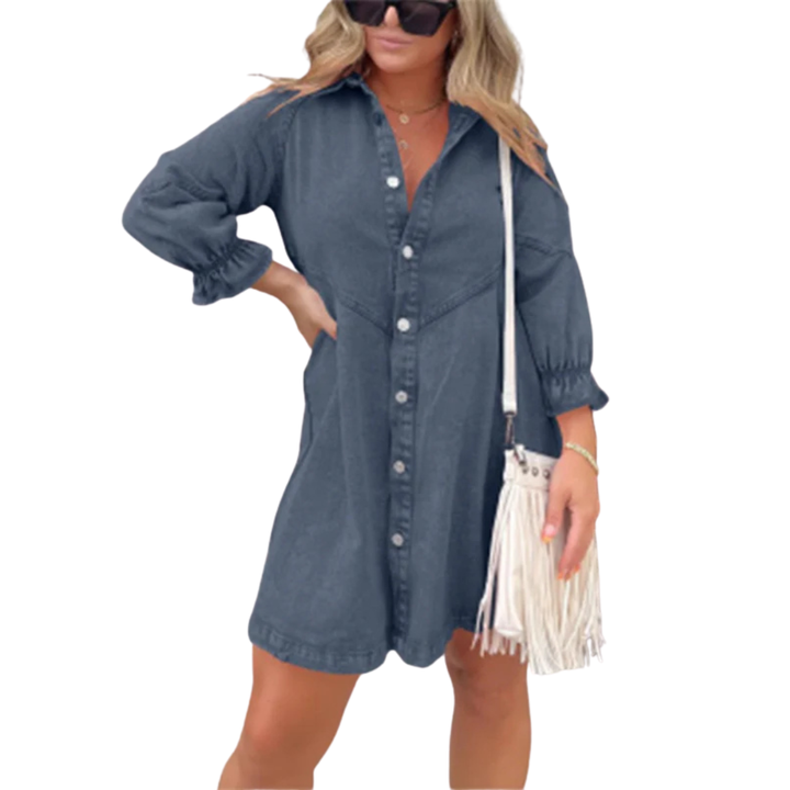 MARENE™ - Chic Washed Puff Sleeve Mini Dress