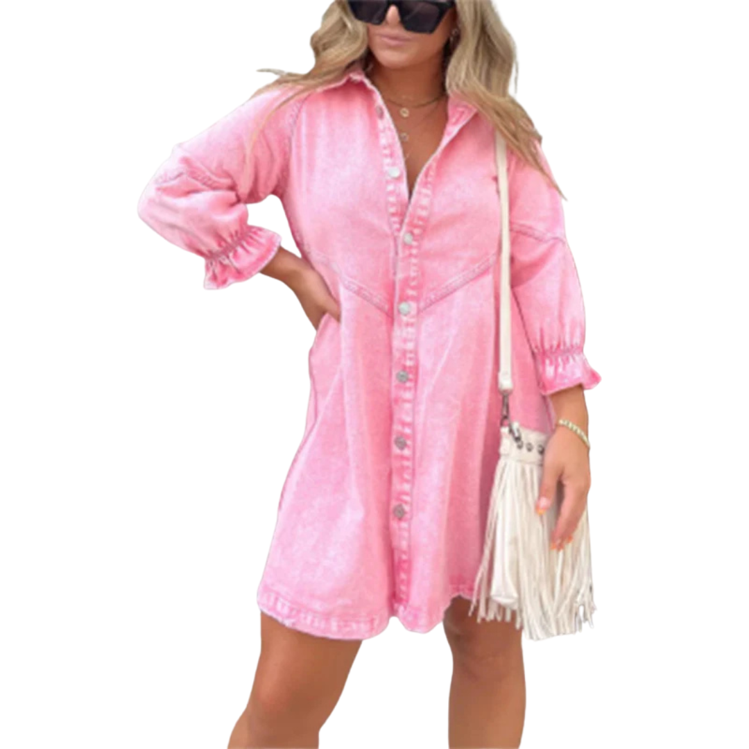 MARENE™ - Chic Washed Puff Sleeve Mini Dress