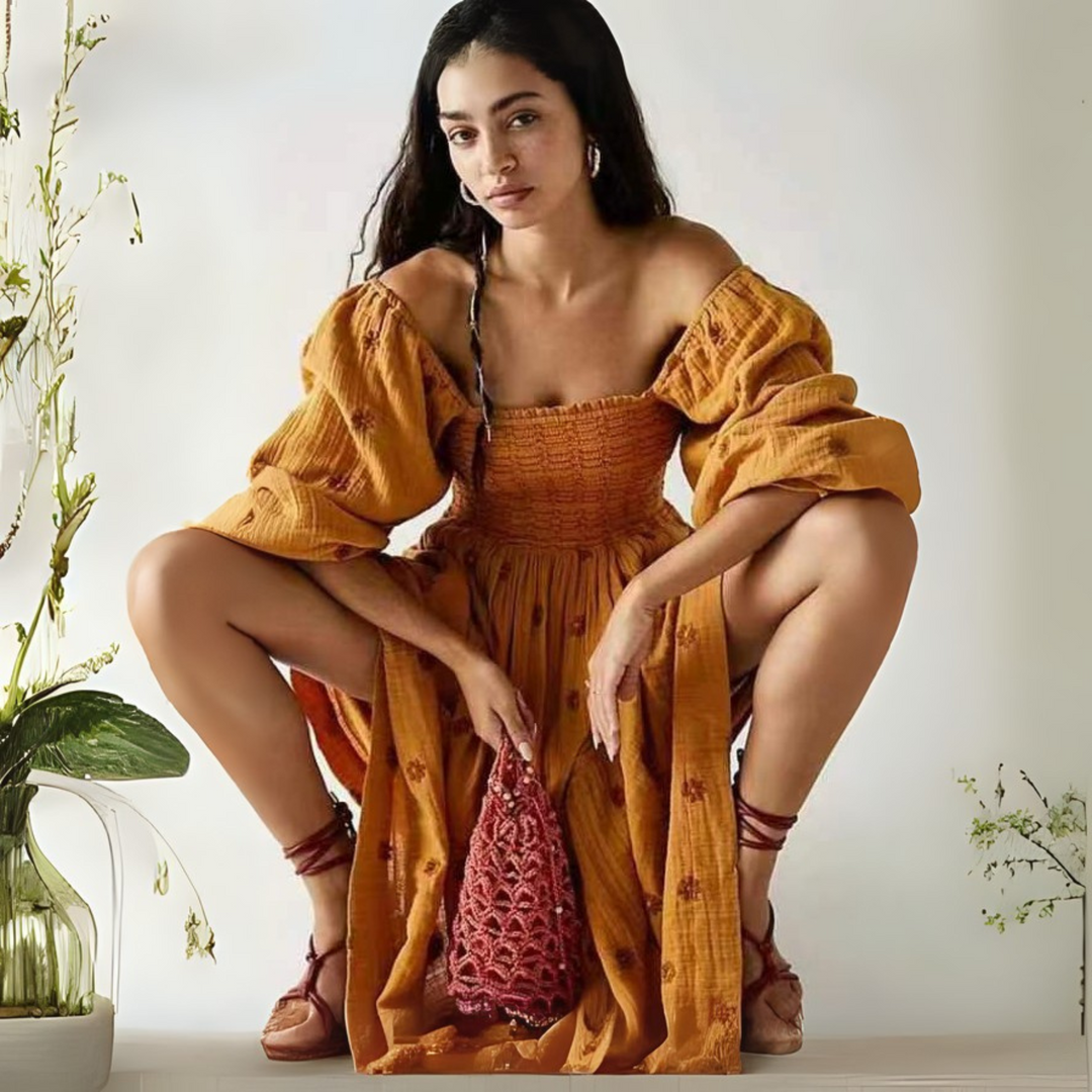 MOIRA™ - Cozy Floral Lantern Sleeve Maxi Dress with Square Neck