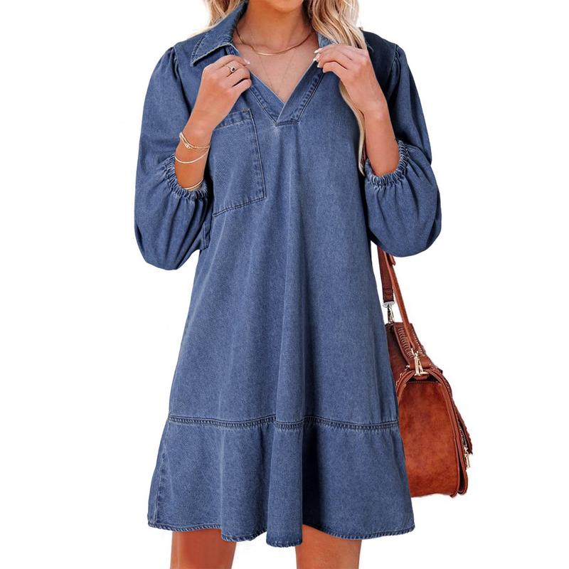 GEMMA™ – Timeless Soft Washed Denim Dress with Puff Sleeves