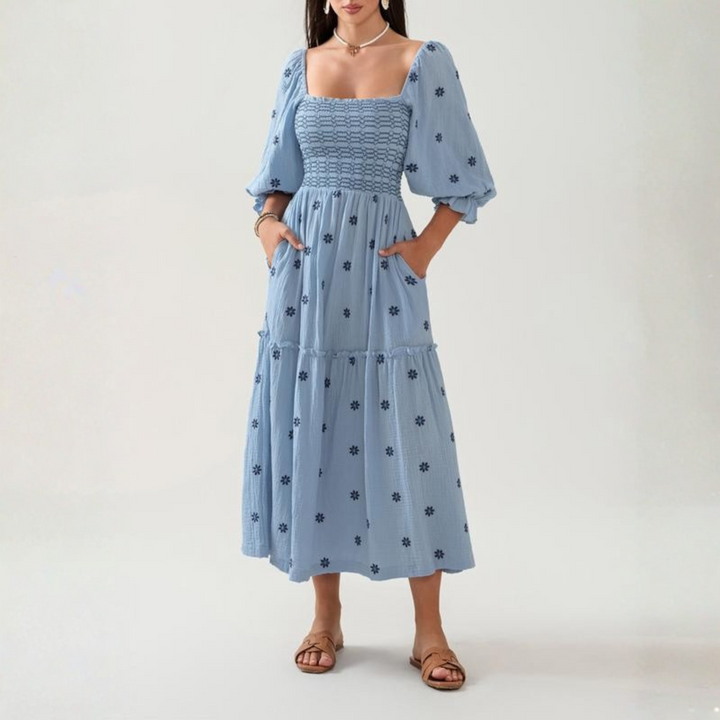 MOIRA™ - Cozy Floral Lantern Sleeve Maxi Dress with Square Neck