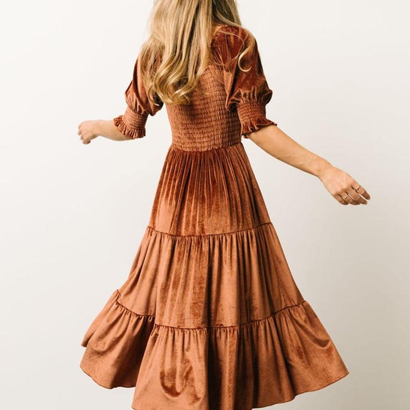 AUDREY™ - Versatile A-Line Midi Dress with Square Neck and Puff Sleeves