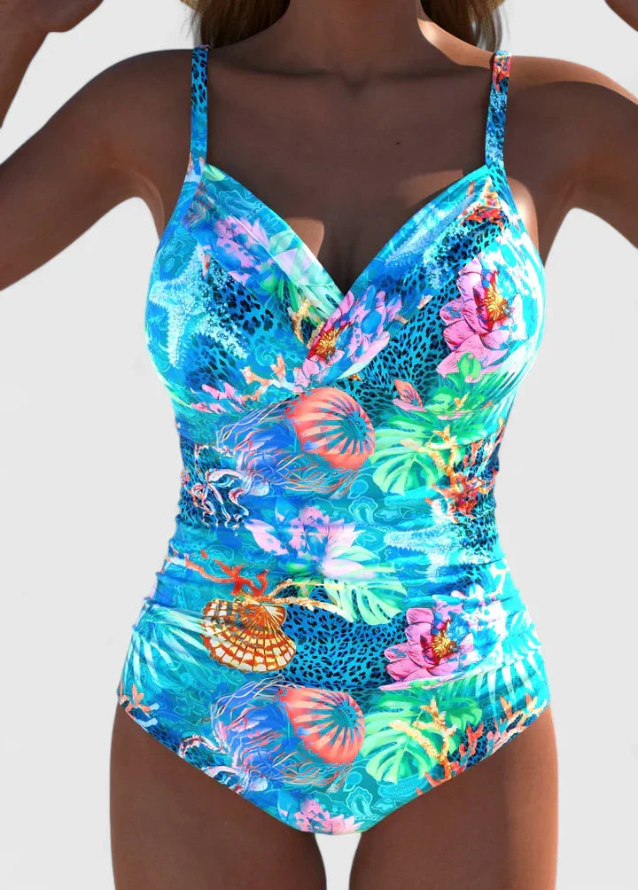 Bañador de una pieza floral con escote en V para mujer