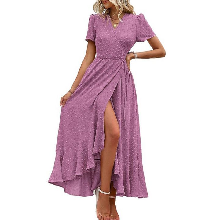 PILAR™ – Elegant Flowing V-Neck Maxi Dress with Short Sleeves