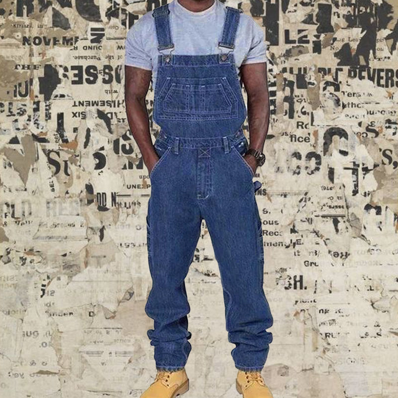Men's Relaxed Fit Washed Denim Multi-Pocket Overalls