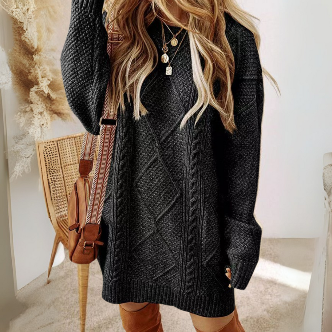 APAT™ - Comfortable Round Neck Long Sleeve Midi Knit Dress