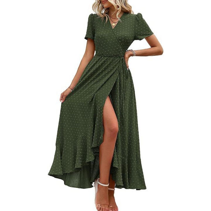 PILAR™ – Elegant Flowing V-Neck Maxi Dress with Short Sleeves