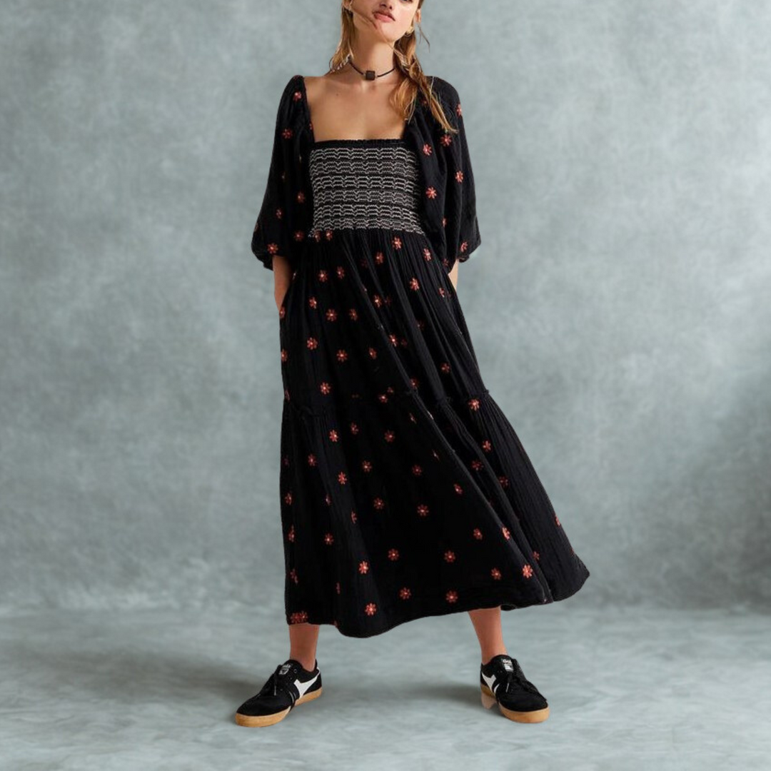 MOIRA™ - Cozy Floral Lantern Sleeve Maxi Dress with Square Neck