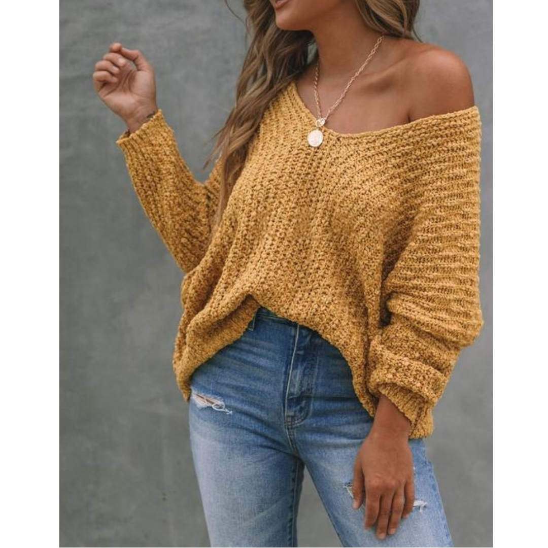 GABBY™ – Lightweight V-Neck Long Sleeve Sweater with Drop Shoulders