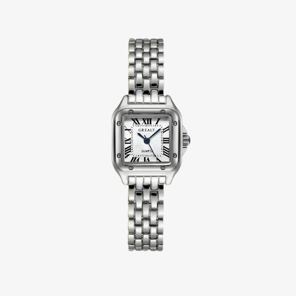 Reloj de mujer con caja cuadrada en acabado plateado, esfera blanca con números romanos y brazalete de eslabones estrechos