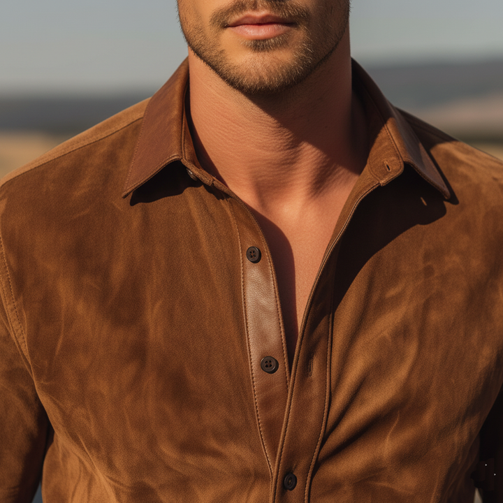 Men's Slim-Fit Classic Western PU Leather Lapel Long-Sleeve Shirt in Faux Suede - Model MTA1690L3K