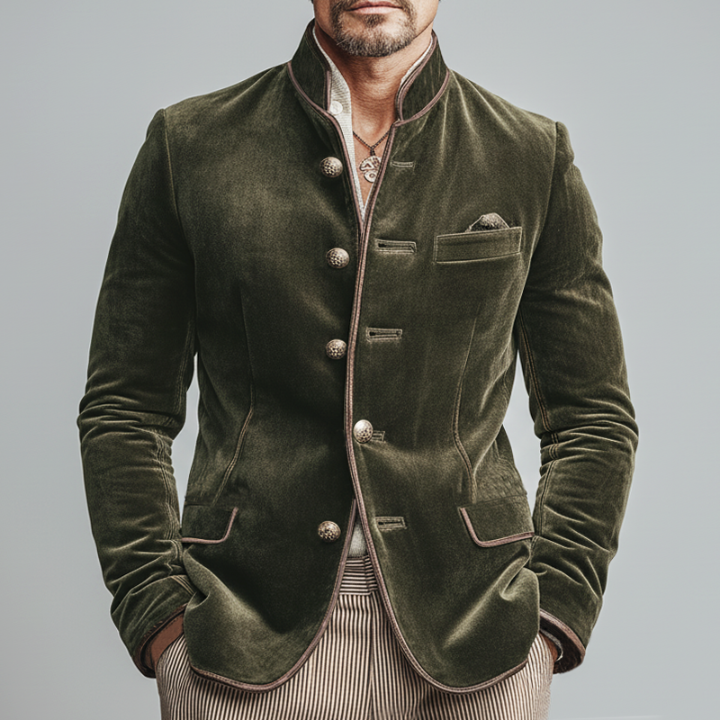Men's Slim-Fit Vintage Velvet Jacket with Embroidered Lines and Stand Collar - MTA2262L3U