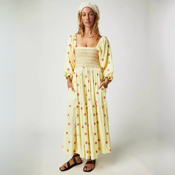 MOIRA™ - Cozy Floral Lantern Sleeve Maxi Dress with Square Neck