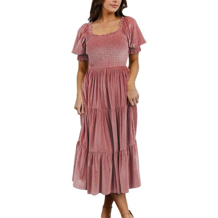 AUDREY™ - Versatile A-Line Midi Dress with Square Neck and Puff Sleeves
