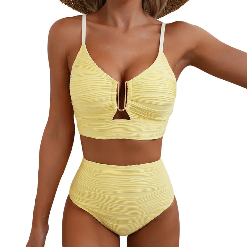 Bikini de talle alto reductor con cremallera dorada en el pecho para mujer