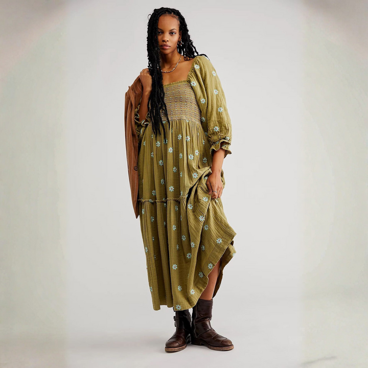MOIRA™ - Cozy Floral Lantern Sleeve Maxi Dress with Square Neck
