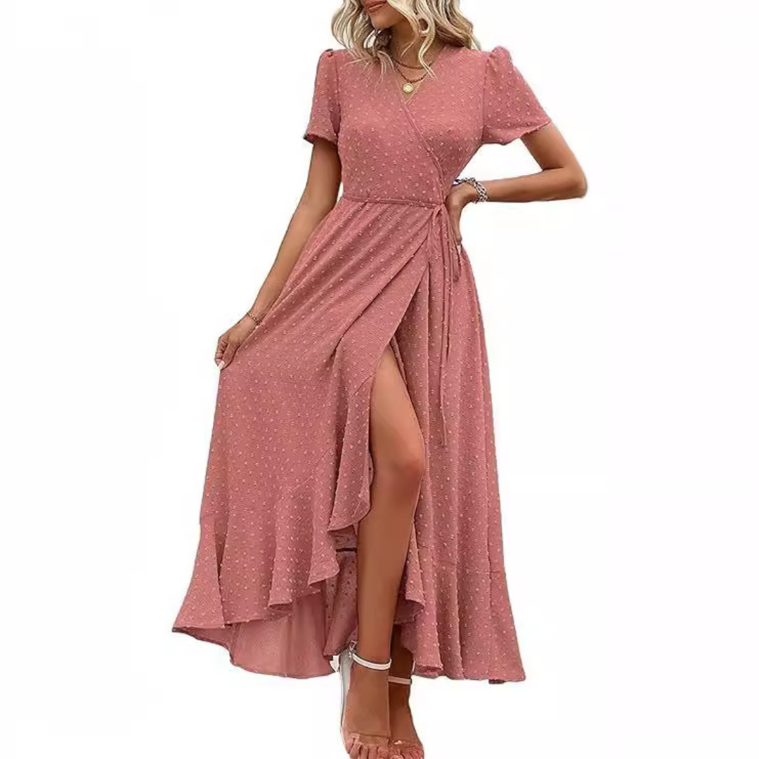PILAR™ – Elegant Flowing V-Neck Maxi Dress with Short Sleeves
