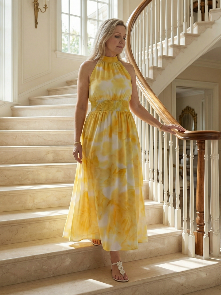 Constanza | Vestido Midi con Cuello Halter Fruncido