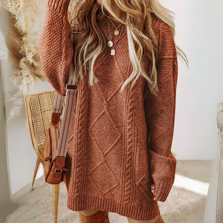 APAT™ - Comfortable Round Neck Long Sleeve Midi Knit Dress