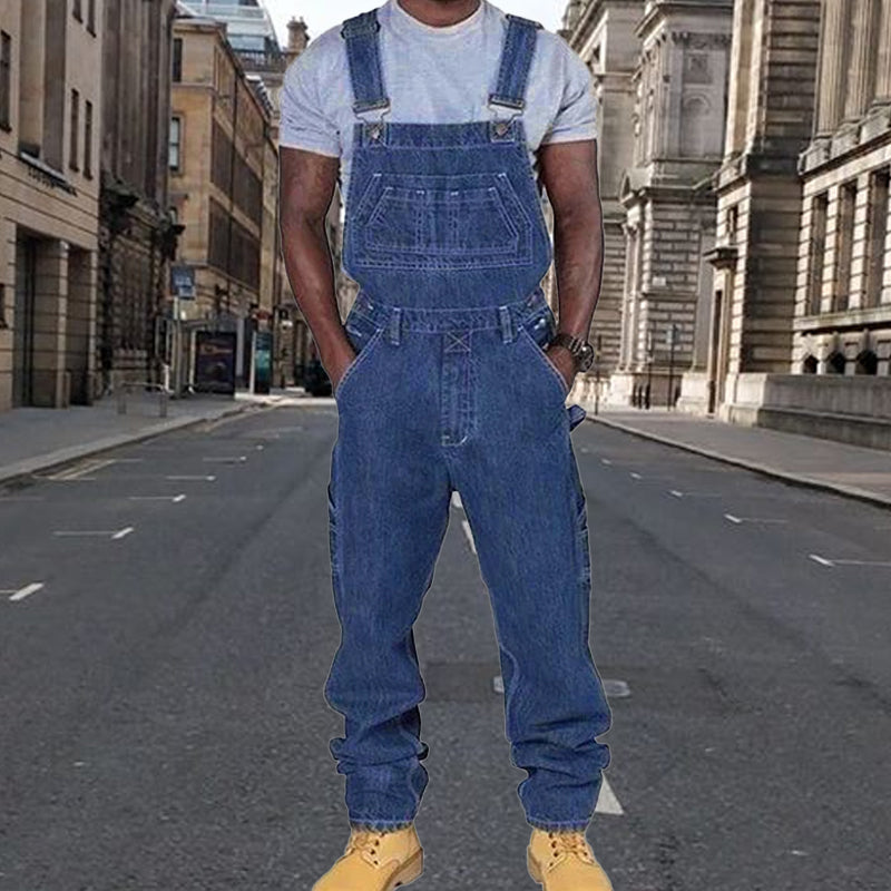 Men's Relaxed Fit Washed Denim Multi-Pocket Overalls