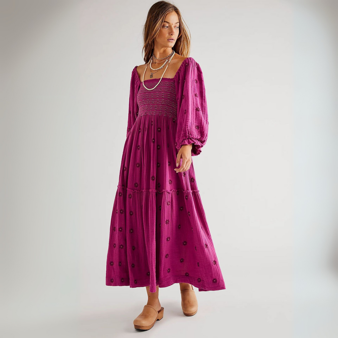 MOIRA™ - Cozy Floral Lantern Sleeve Maxi Dress with Square Neck
