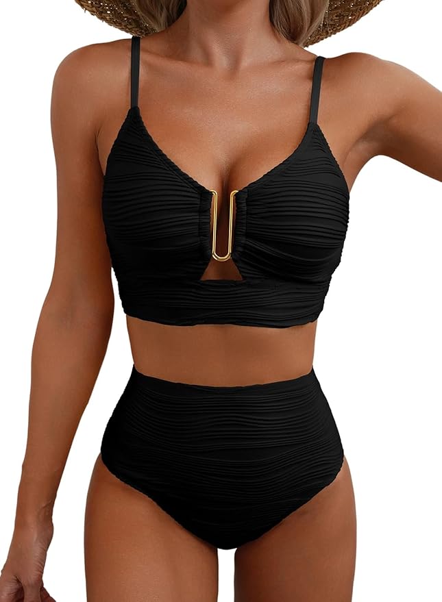 Bikini de talle alto reductor con cremallera dorada en el pecho para mujer