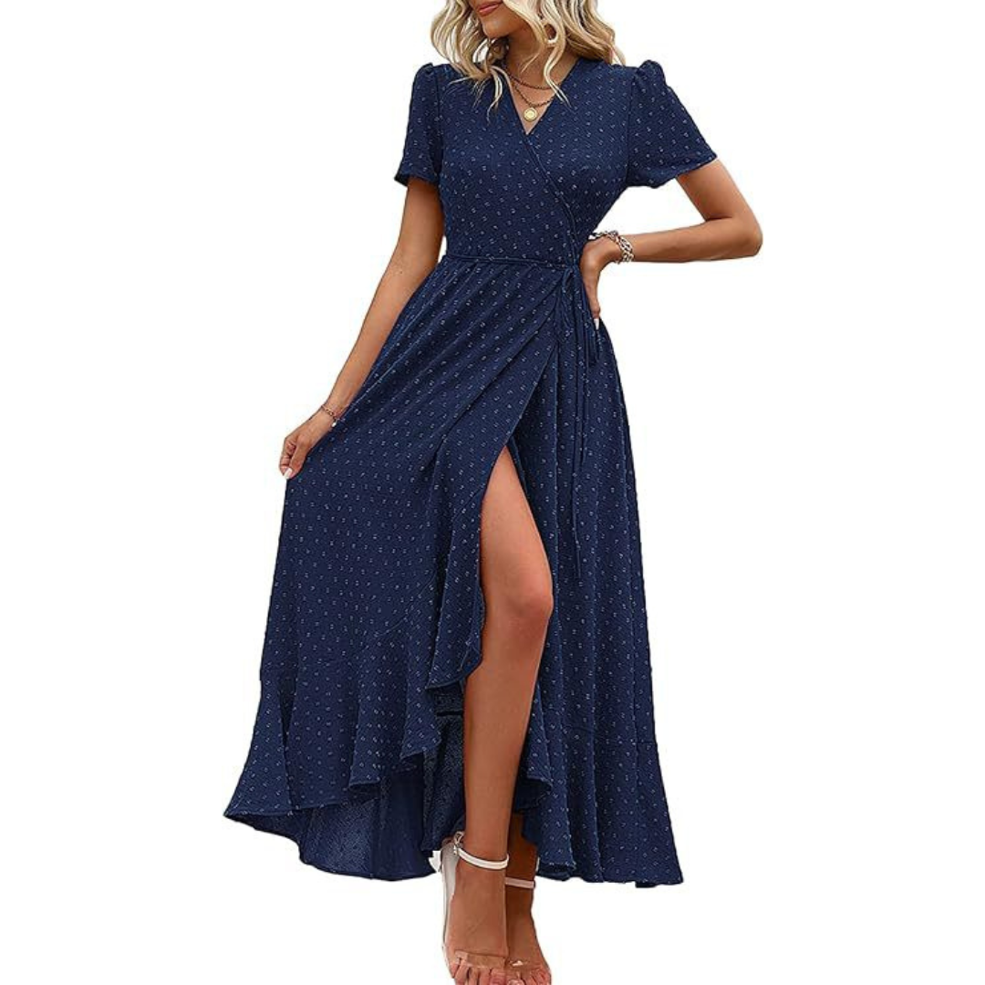 PILAR™ – Elegant Flowing V-Neck Maxi Dress with Short Sleeves