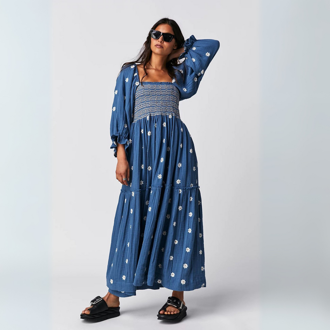 MOIRA™ - Cozy Floral Lantern Sleeve Maxi Dress with Square Neck