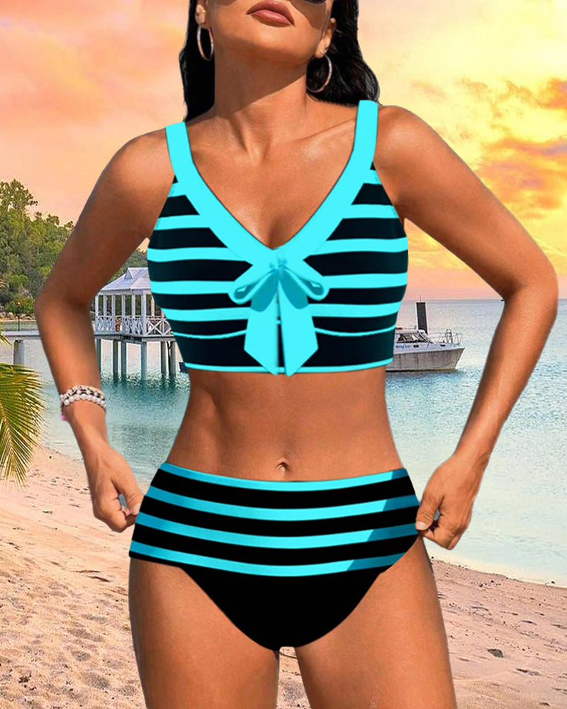 Bikini de rayas con nudo y talle alto para mujer