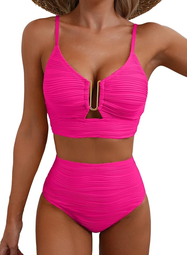 Bikini de talle alto reductor con cremallera dorada en el pecho para mujer