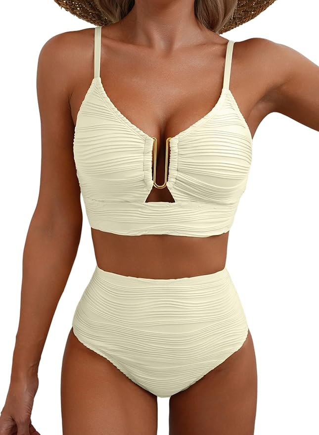 Bikini de talle alto reductor con cremallera dorada en el pecho para mujer