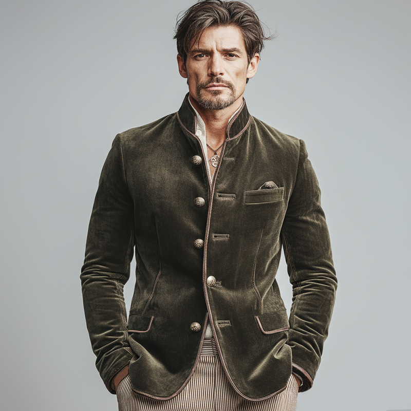 Men's Slim-Fit Vintage Velvet Jacket with Embroidered Lines and Stand Collar - MTA2262L3U