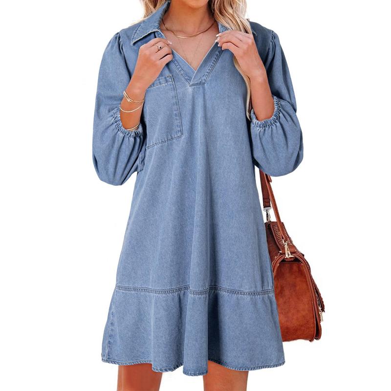 GEMMA™ – Timeless Soft Washed Denim Dress with Puff Sleeves