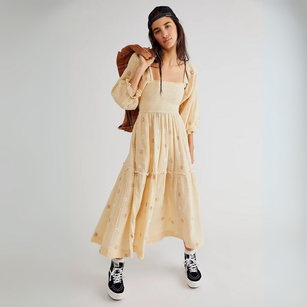 MOIRA™ - Cozy Floral Lantern Sleeve Maxi Dress with Square Neck