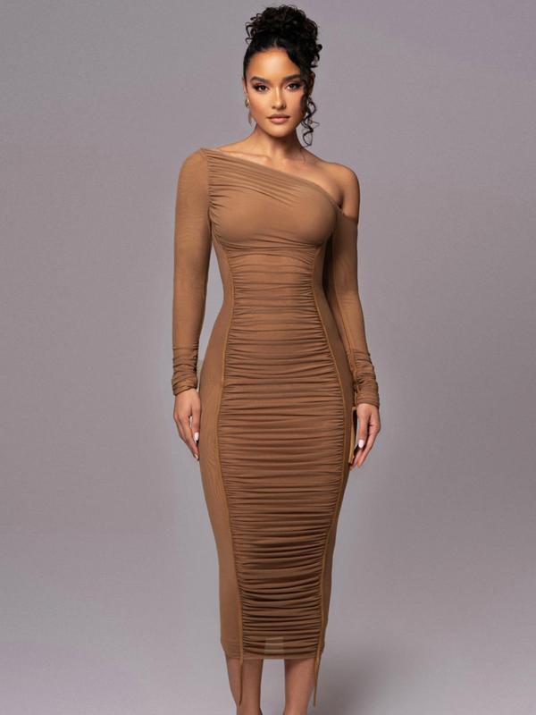 MARGARET™ - Asymmetrical Neck Bodycon Dress with Striped Ruched Design