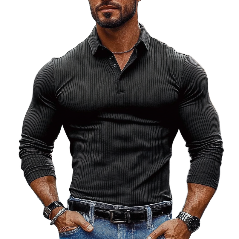 Men's Long-Sleeved Striped Textured Polo Shirt with Elastic - MTA1139J2X