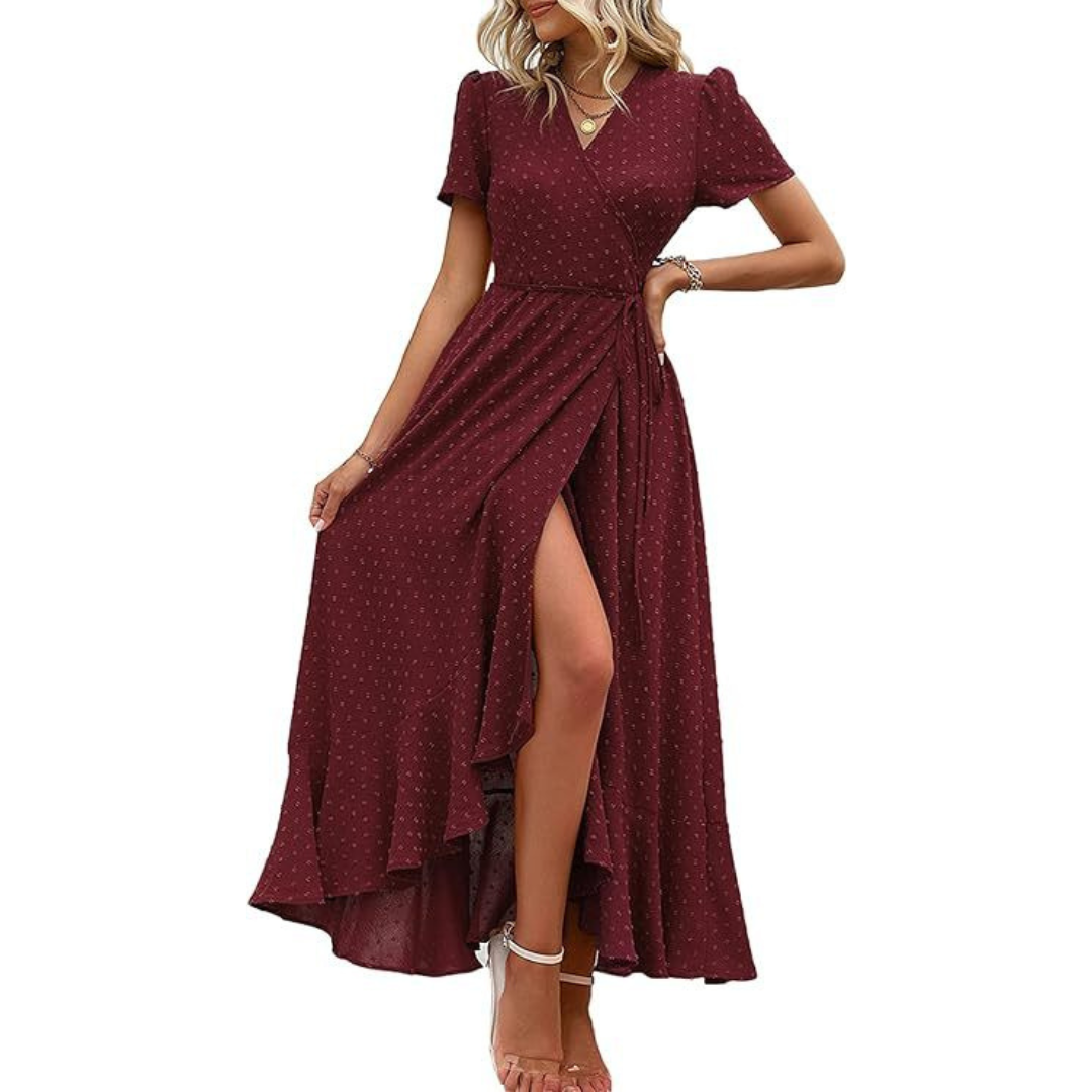 PILAR™ – Elegant Flowing V-Neck Maxi Dress with Short Sleeves