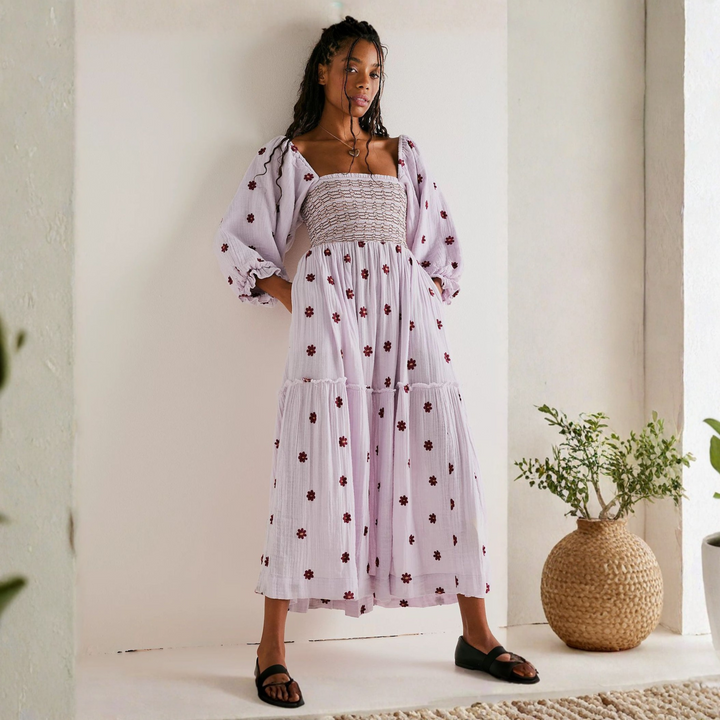MOIRA™ - Cozy Floral Lantern Sleeve Maxi Dress with Square Neck