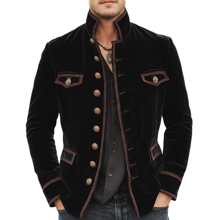 Men's Slim-Fit Vintage Velvet Jacket with Stand Collar and Multi-Button Embroidery - MTA1188K3U
