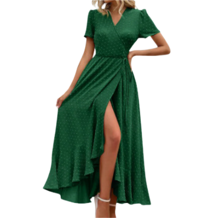 PILAR™ – Elegant Flowing V-Neck Maxi Dress with Short Sleeves