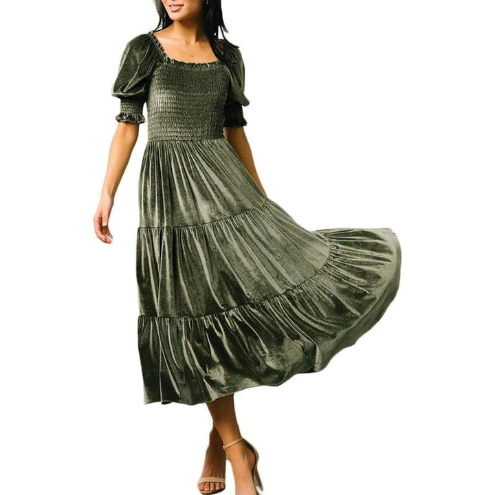 AUDREY™ - Versatile A-Line Midi Dress with Square Neck and Puff Sleeves